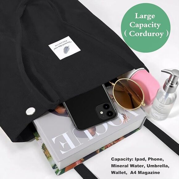 Women Black Imported Corduroy Small Canvas Shoulder Handy Tote Bag - Picture 2 of 4